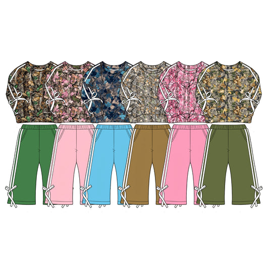 (Pre Order) No moq Baby Girls Fall Leaves Camo Pocket Shirt Flare Pant Set