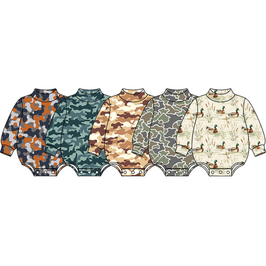 (Preorder new) No moq High Neck Baby Boys Camo And Duck Print Mock Neck Long Sleeve Romper