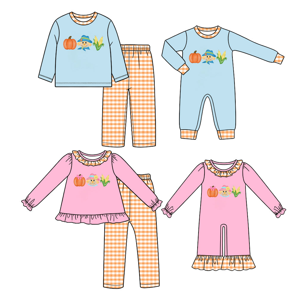 (Preorder new) No moq Baby Girls Boys Fall  Pumpkin Corn Print Long Sleeve Top Orange Gingham Pants Two Piece Outfit Set Rompers