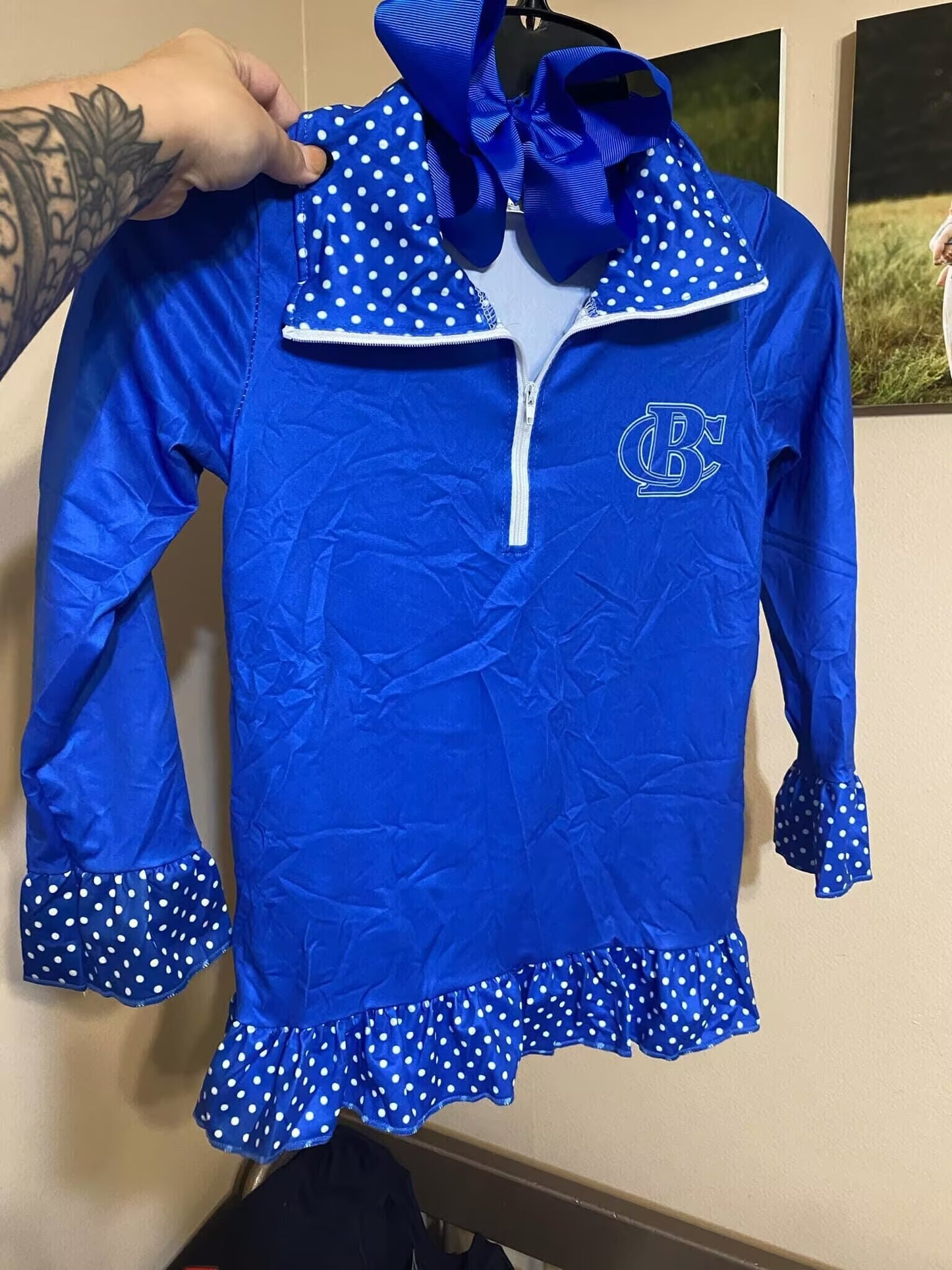 Deadline September 24 custom no moq eta 6-8weeks Blue polka dot collar and cuffs - monogram pattern - zip-up stand collar pullover jacket