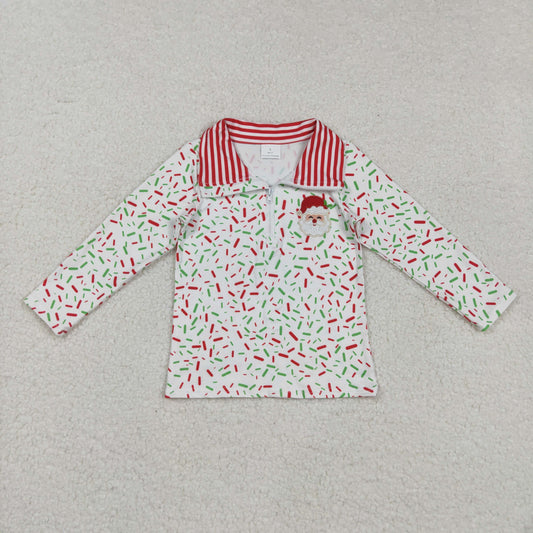 RTS NO MOQ（In Stock) BT1294 Embroidered Ice Cream Santa Claus White Zippered Long-Sleeved Top
