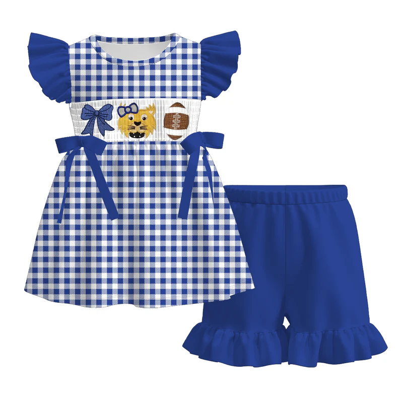 Custom summer teams baby girls clothes team blue short sleeve shorts sets dress romper-25.7.15