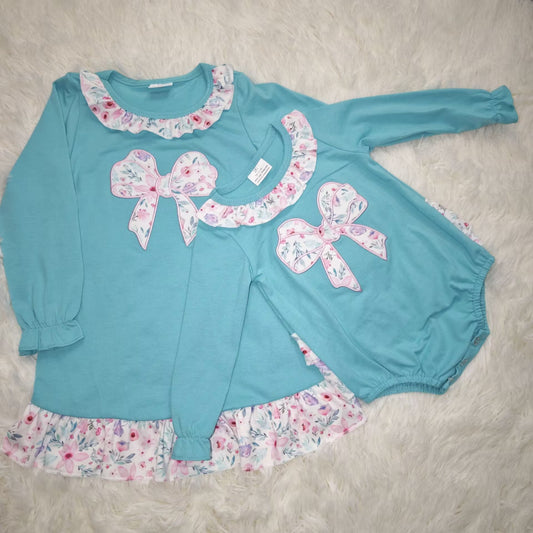 RTS NO MOQ Sibling baby girl clothes embroidery bow long sleeve romper & dress