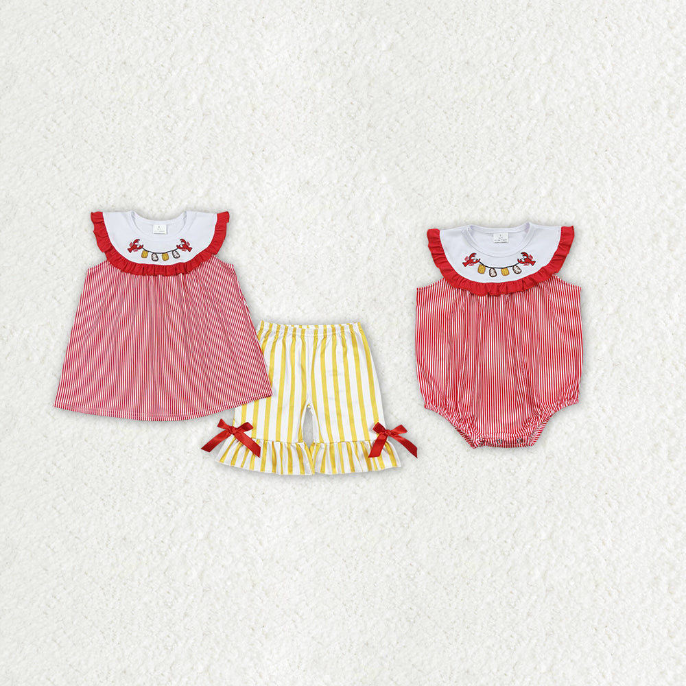 RTS NO MOQ baby girls clothes Embroidery crayfish Rompers Clothes Sets