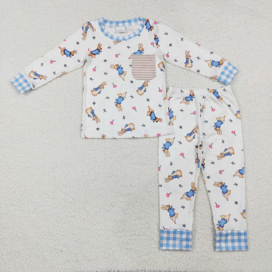 RTS NO MOQ ETA 5/7days Arrived BLP1046 Easter Bunny Striped Pocket White Long Sleeve Long Pants Pajama Set