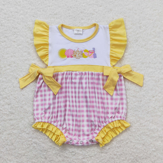 SR0701 Embroidery Shell Dream Beach Ball Pink White Plaid Yellow Lace Bow Vest Jumpsuit
