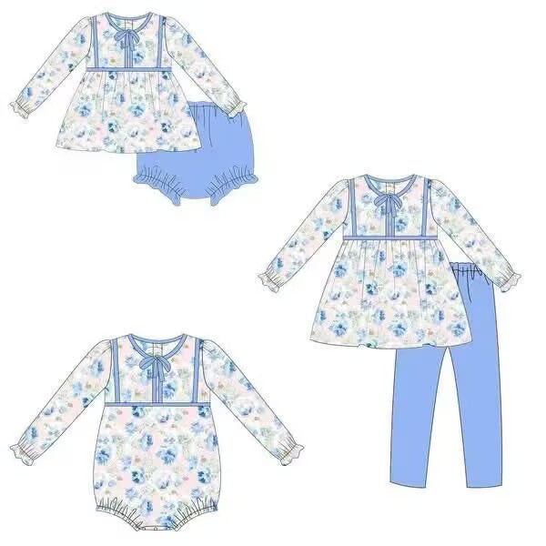 Custom moq 5 each style eta 6-7weeks baby girl clothes floral blue long sleeve pants set and briefs sets and romper-25.8.28