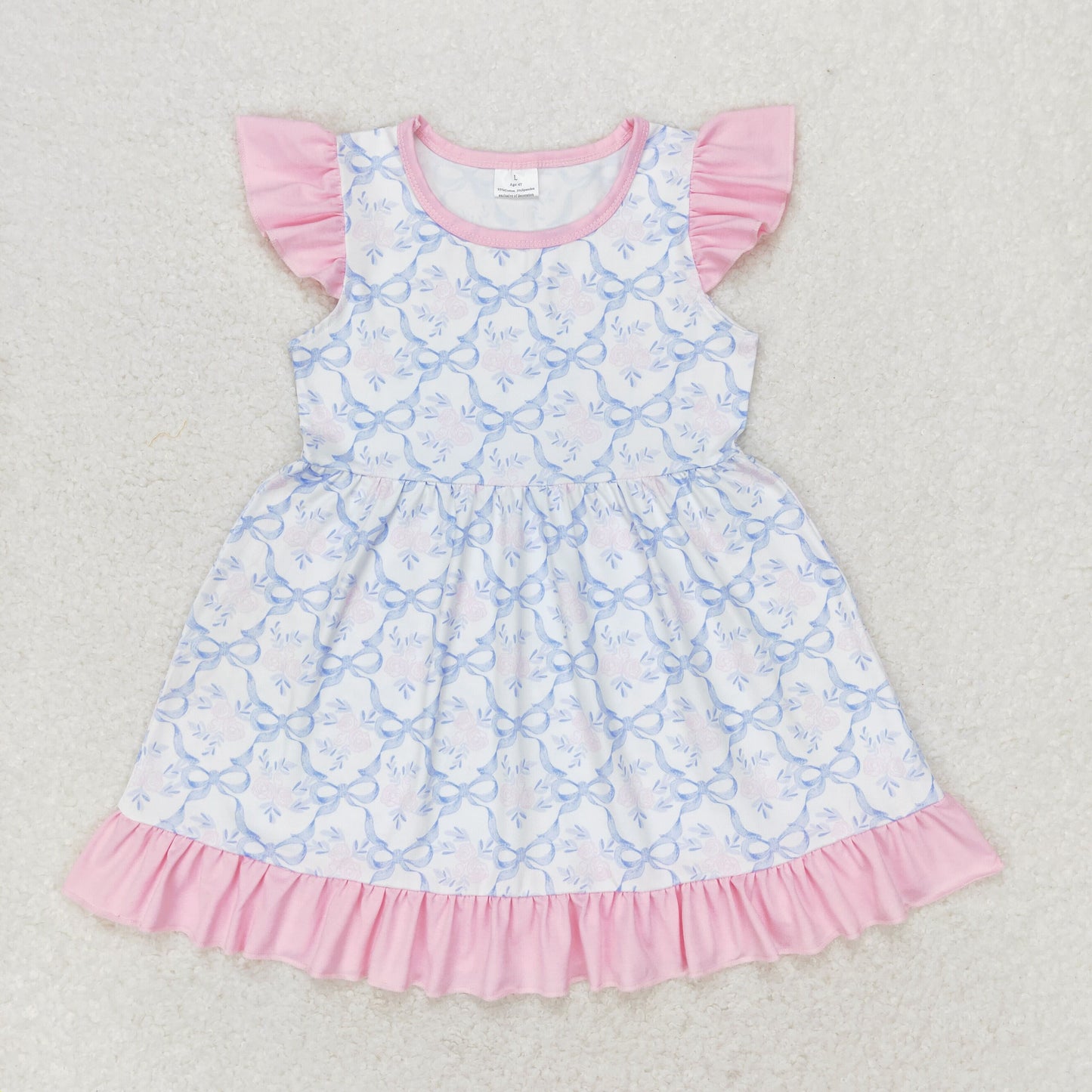 RTS no moq GSD1152 Flower bow pink lace flying sleeve dress