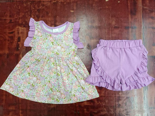 Custom moq 3 eta 6-7weeks baby girls clothes floral purple suspender shorts sets