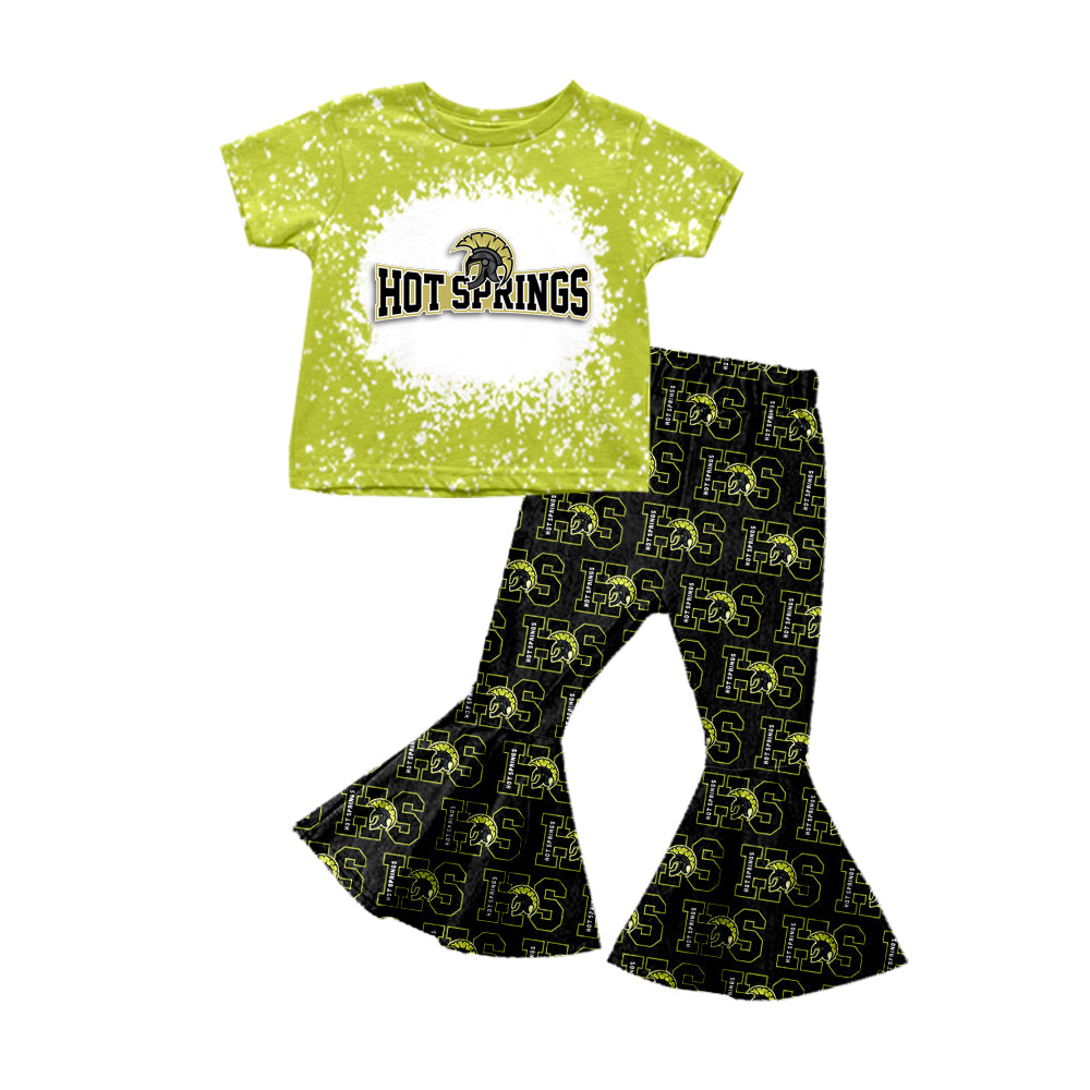 Deadline November 26 custom no moq eta 6-8weeks Baby Girls Green Lettering Short Sleeve Top and Black Flared Pants Set