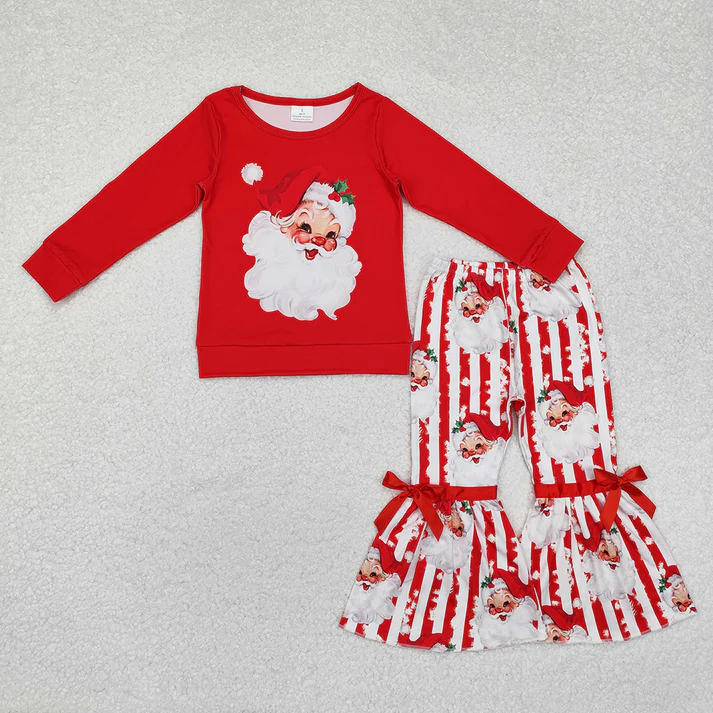 RTS NO MOQ Baby Girls Santa Claus Print Red Stitching Red and White Striped Long Sleeve Dress & Romper & Long Sleeve Pants Set