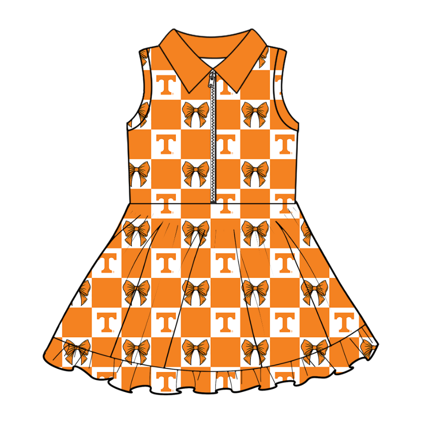 Custom moq 3 or 5 mix size milk silk summer teams baby girl clothes bow orange sleeveless dress