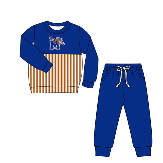 Custom moq 5 mix size milk silk summer teams baby boys clothes blue long sleeve pants sets