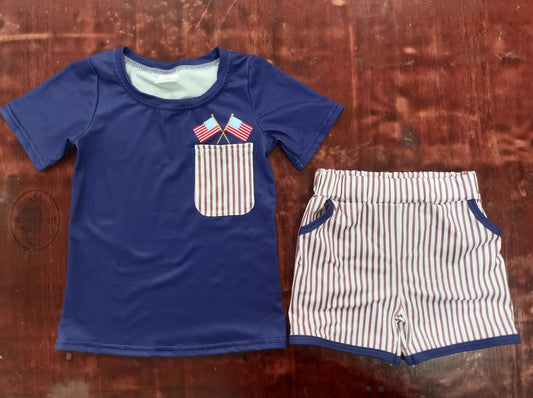 custom moq 5 eta 5weeks summer baby boys clothes national day navy blue flag short sleeve shorts Set