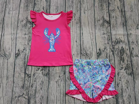 Custom moq 3 eta 6-7weeks baby girls clothes lobster rose red flying sleeve shorts sets-25.5.29