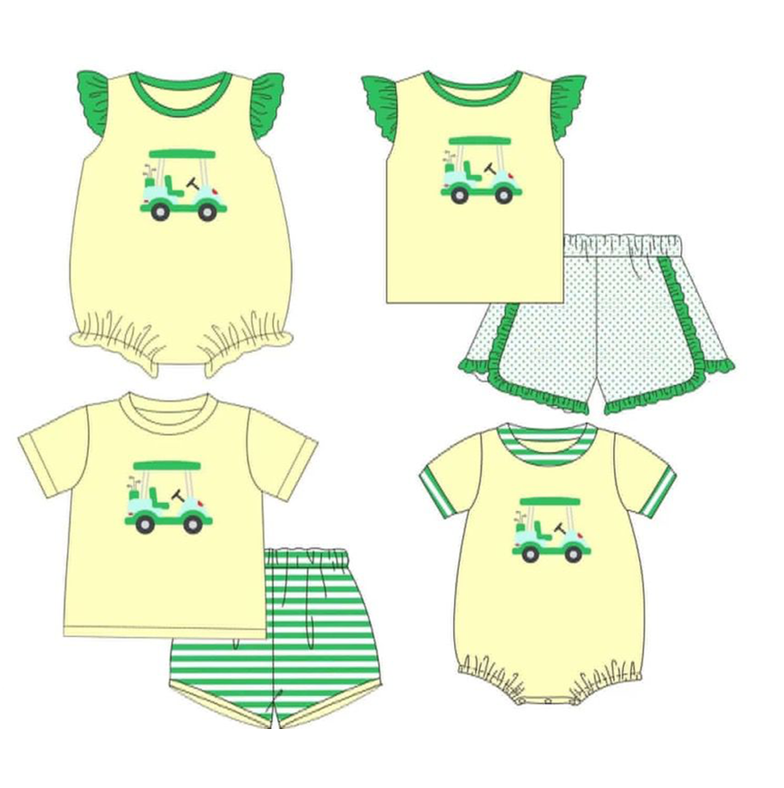 Custom moq 5 each style eta 6-7weeks baby girl clothes yellow short sleeve shorts set 2 and rompers 2-25.8.28