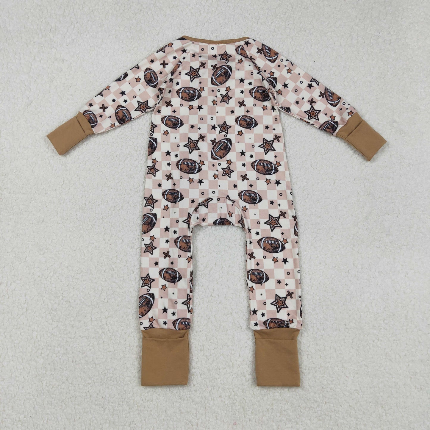 RTS NO MOQ（In Stock) LR2548 Football Star Brown Plaid Zipper Long-Sleeved Bodysuit
