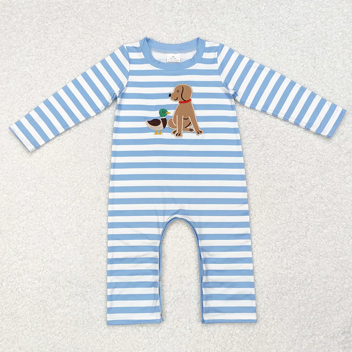 RTS NO MOQ Sibling Baby boy clothes embroidery puppy duck long Sleeve Romper Mixed Sizes