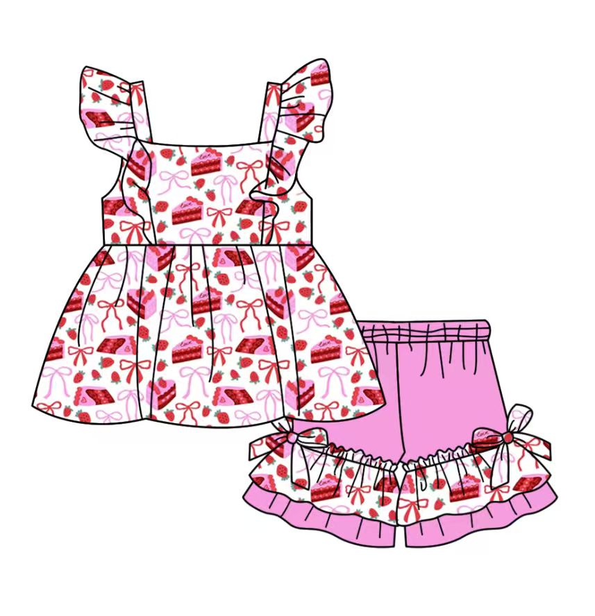 Custom moq 5 mix size milk silk baby girl clothes cake bow flying sleeve shorts sets and dresses