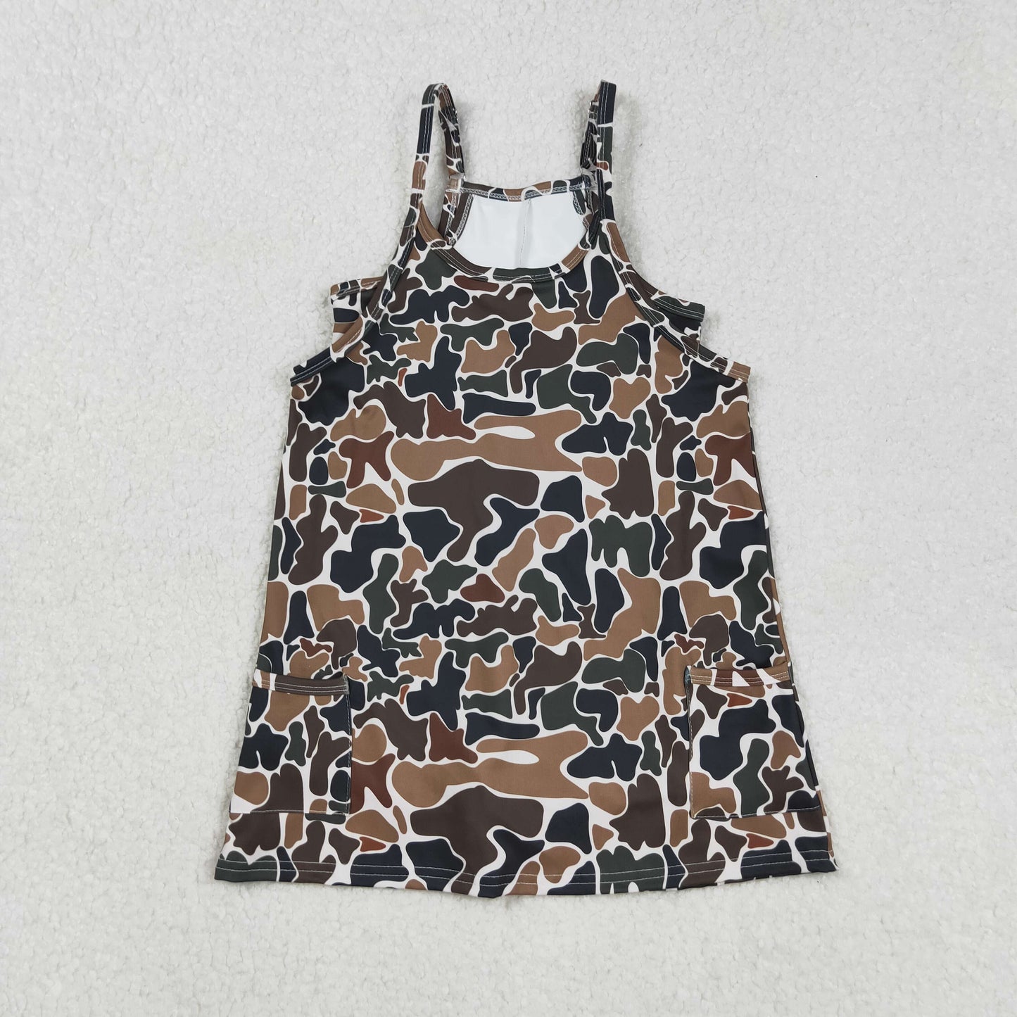 RTS NO MOQ（In Stock) Beige yoga slip dress with brown and green camouflage pockets
