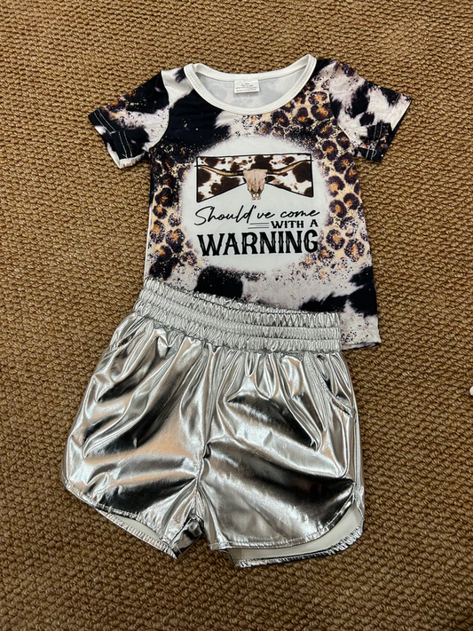 RTS NO MOQ ETA 5/7days Arrived GT0194+SS0416 Warning letter alpine cow leopard short-sleeved top Shiny leather silver shorts