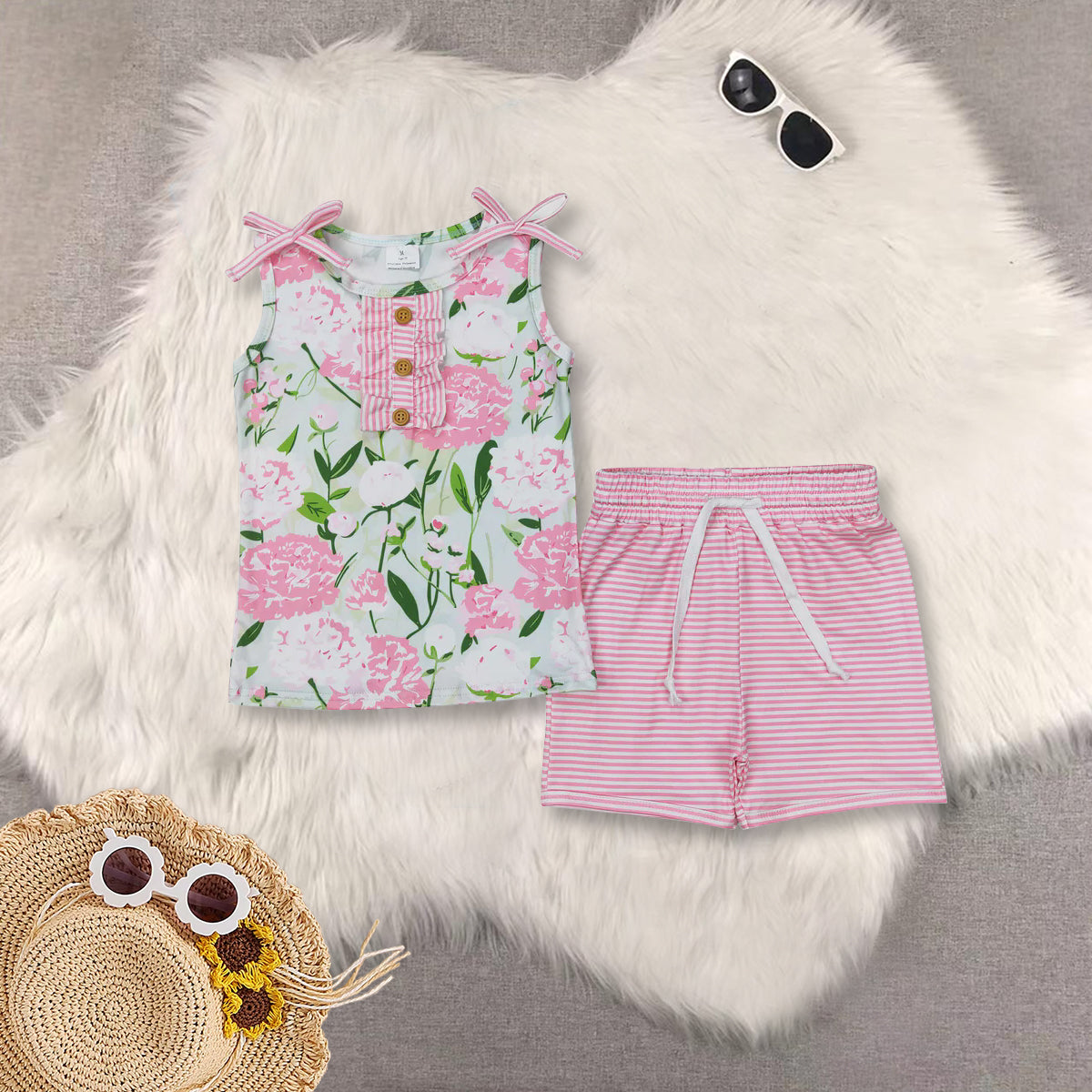 RTS NO MOQ Sibling baby girl Clothes floral sleeveless shorts Sets