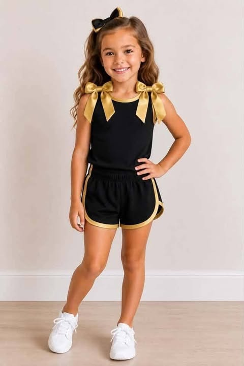 custom moq 5 mix size Baby Girls Black Gold Trim Bow Strap Sleeveless Tank Top And Shorts Two Piece Summer Outfit Set
