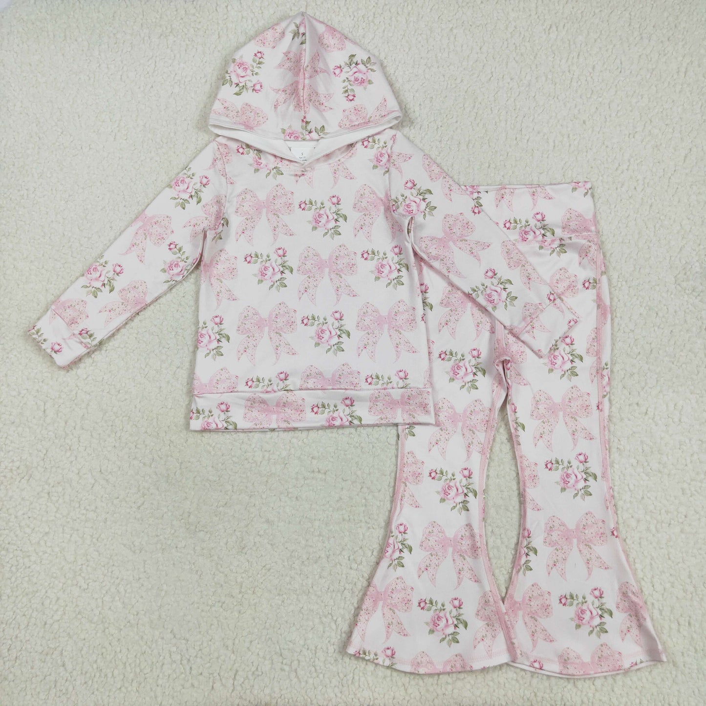 RTS NO MOQ（In Stock) GT1058+P0768 Pink hooded long-sleeved top with floral flower and bow pattern pant set