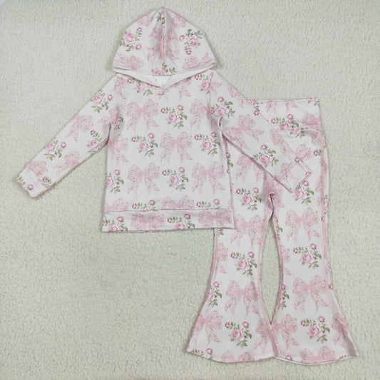 RTS NO MOQ（In Stock) GT1058+P0768 Pink hooded long-sleeved top with floral flower and bow pattern pant set