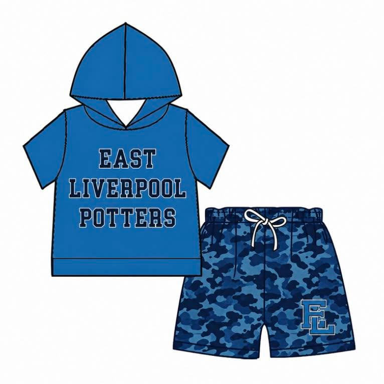 custom moq 5 mix size KABR0104 Baby Kids Short Sleeve Hooded Top Camo Shorts Team Clothes Set