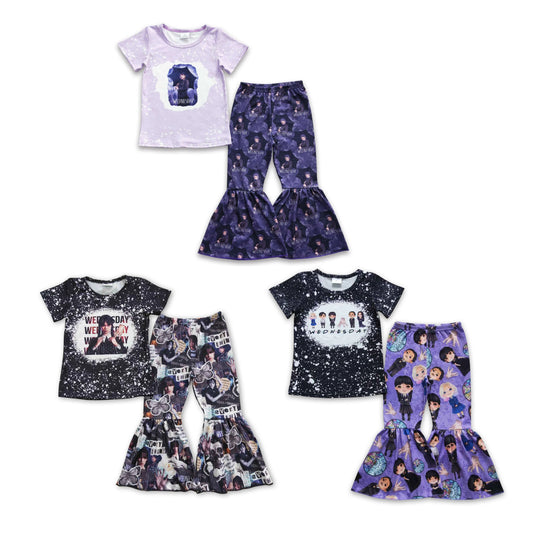 RTS NO MOQ GSPO0586 GSPO0688 GSPO0448 Preppy Braids Girls Suit Boys Pattern Short Sleeve Flared Pants Suit
