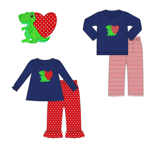Custom moq 5 each style eta 6-7weeks baby girl clothes dinosaur love long sleeve pants sets 1 and sets 2-25.8.9