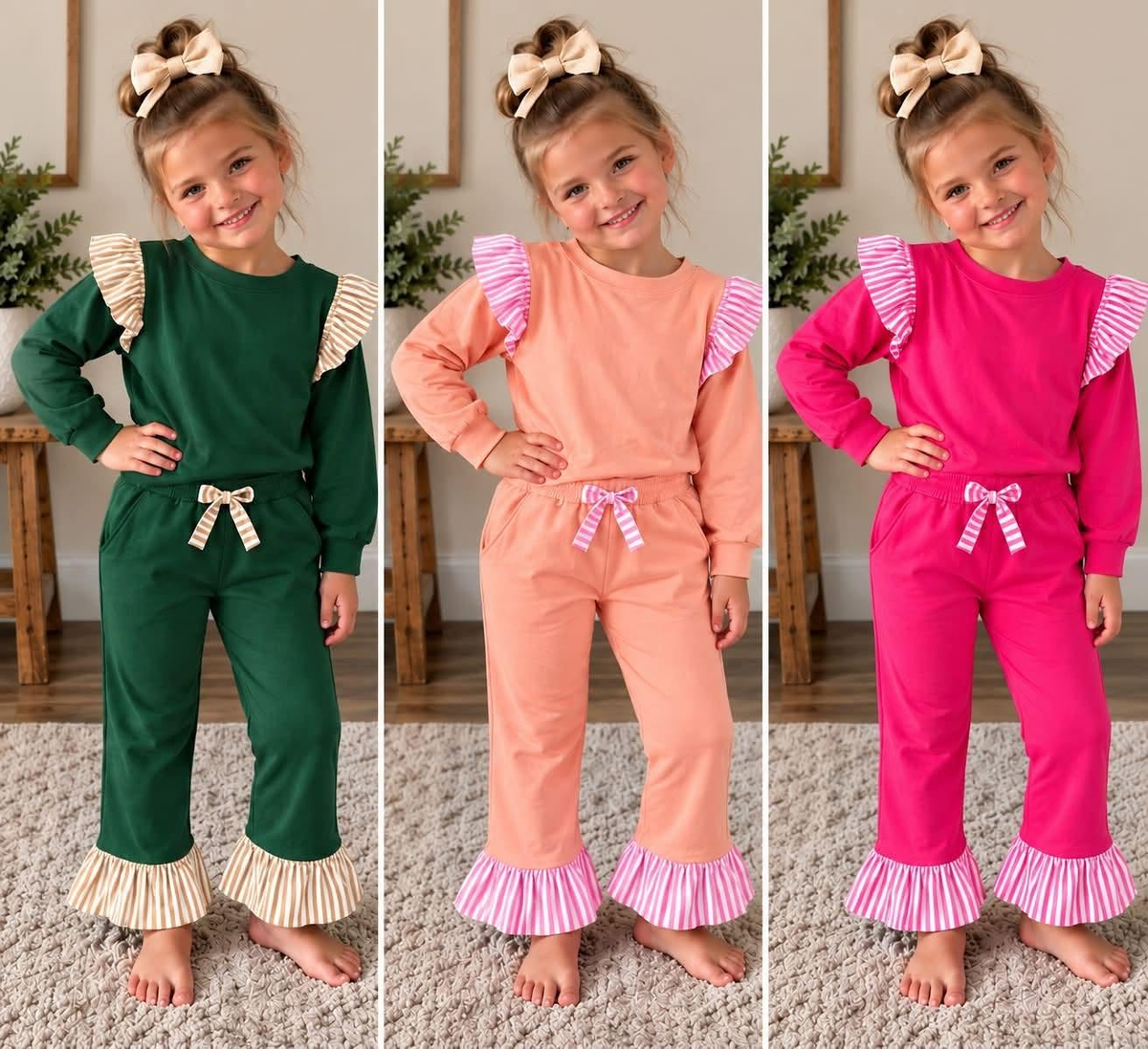 (Preorder new) No moq cotton fabric solid color Baby Girls stripe sweater Flutter sleeves long sleeve set