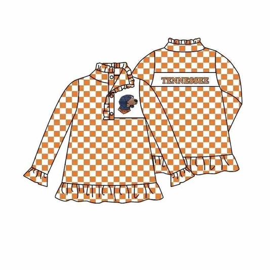 Custom moq 5 mix size milk silk summer teams baby girls clothes  Orange Plaid Girls Pullover