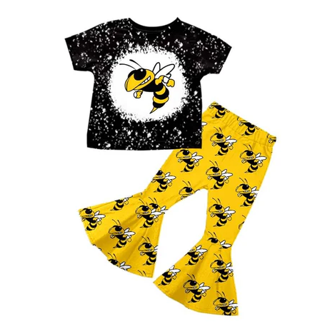 Deadline October 29custom no moq eta 6-8weeks White Polka Dot Bee Black Short Sleeve Top & Yellow Flared Pants Set