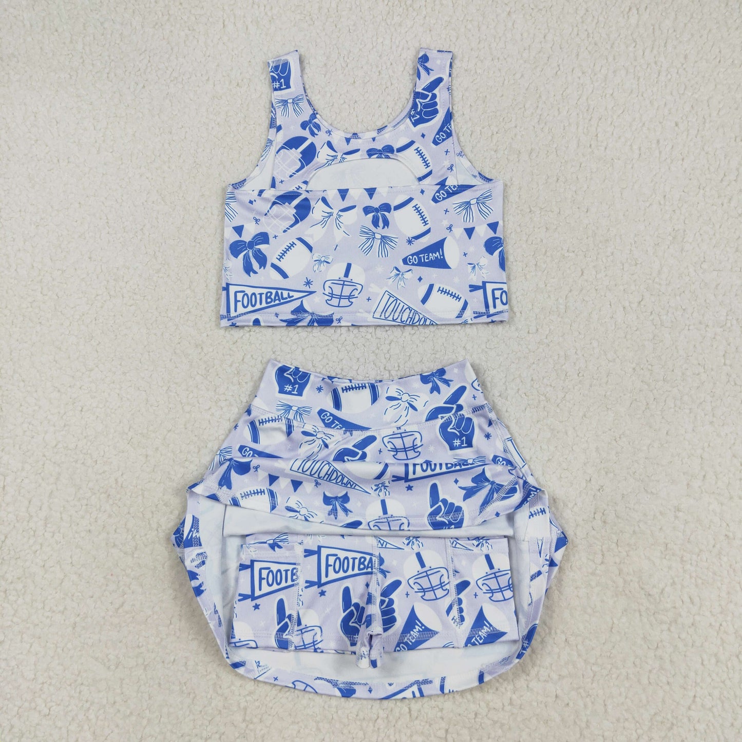 RTS NO MOQ（In Stock ) GSD2688 football flared blue bow pattern sleeveless skirt yoga set