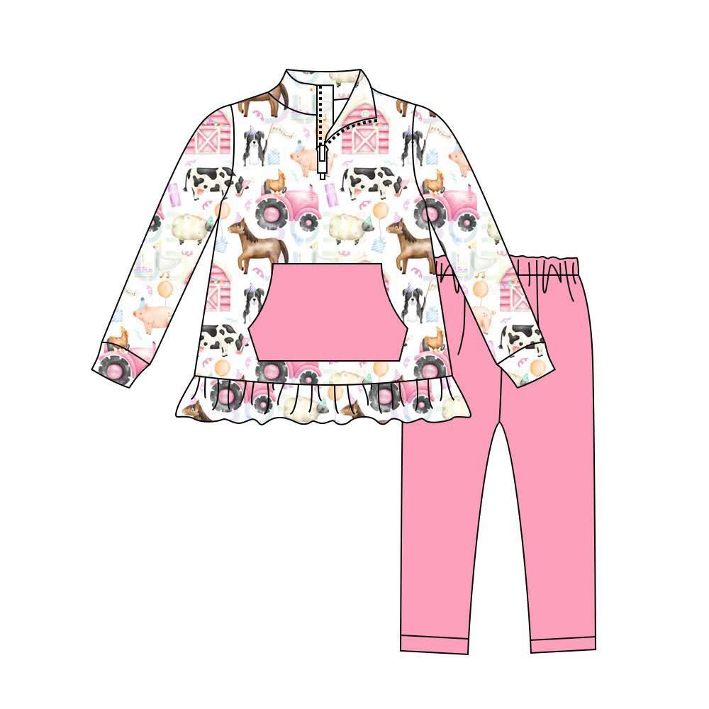 Custom moq 5 mix size milk silk summer baby girl clothes farm animal long sleeve pants sets-25.8.7