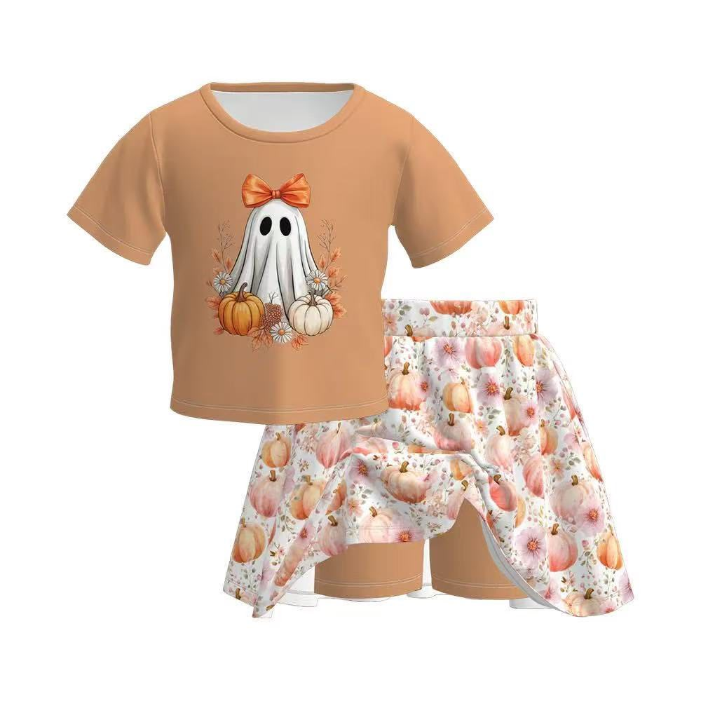 Custom moq 5 each style eta 6-7weeks baby girls summer ghost pumpkin short sleeve skirts shorts sets -25.8.5