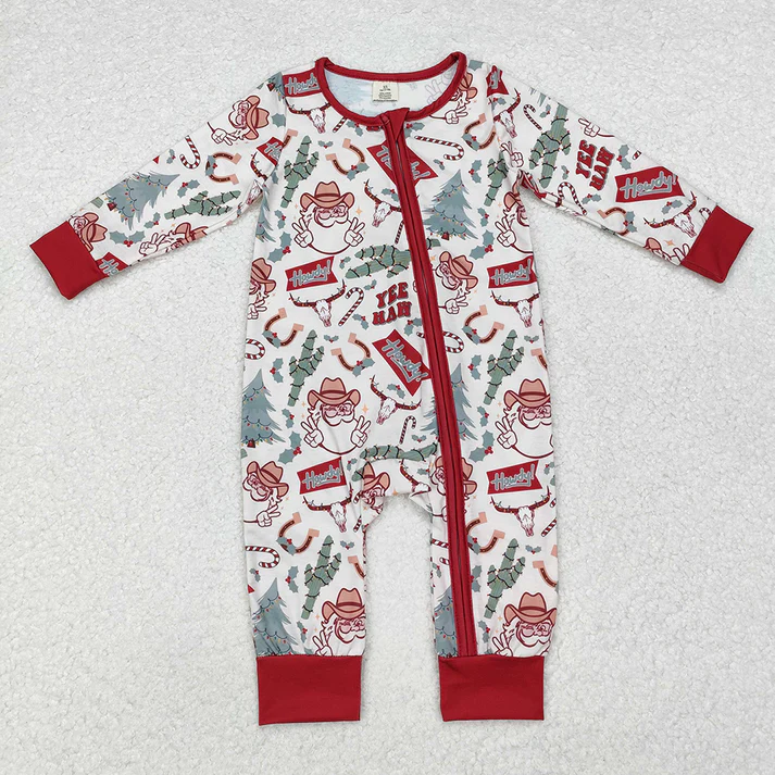 RTS NO MOQ Cowboy Hat Santa Red Long Zip-Up Romper & Long Sleeve Set: Boys & Girls