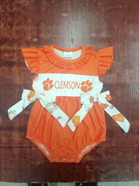 Custom moq 3 eta 6-7weeks baby girls clothes team orange flying sleeve romper
