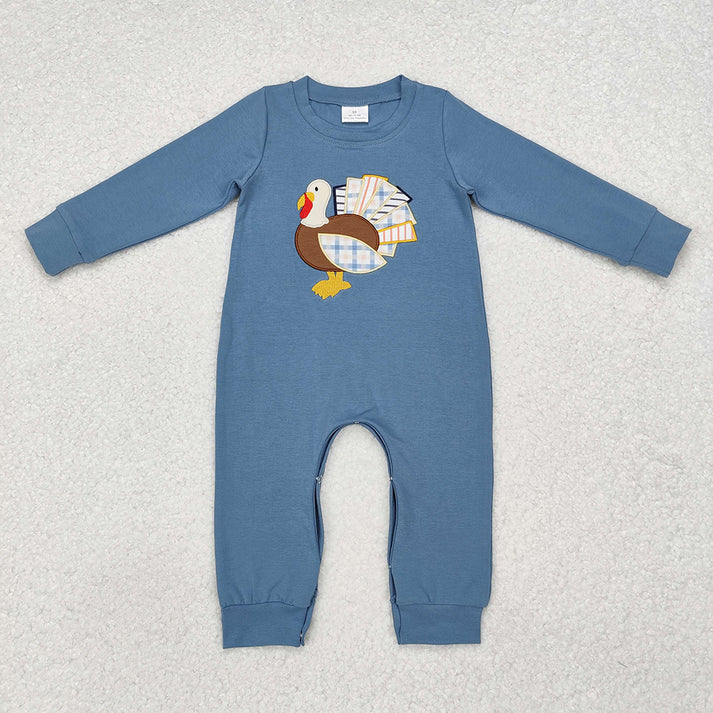 RTS NO MOQ Embroidered turkey pattern denim blue long-sleeved suit & romper & overalls & dress