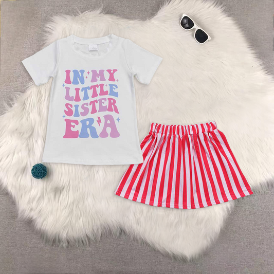 RTS NO MOQ ETA 5/7days Arrived GT0507+GLK0029 in my little sister era white short-sleeved shirt with letters pink striped skirt sets