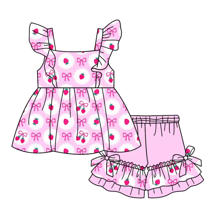 Custom moq 5 mix size milk silk baby girl clothes strawberry bow flying sleeve shorts sets and dresses 2