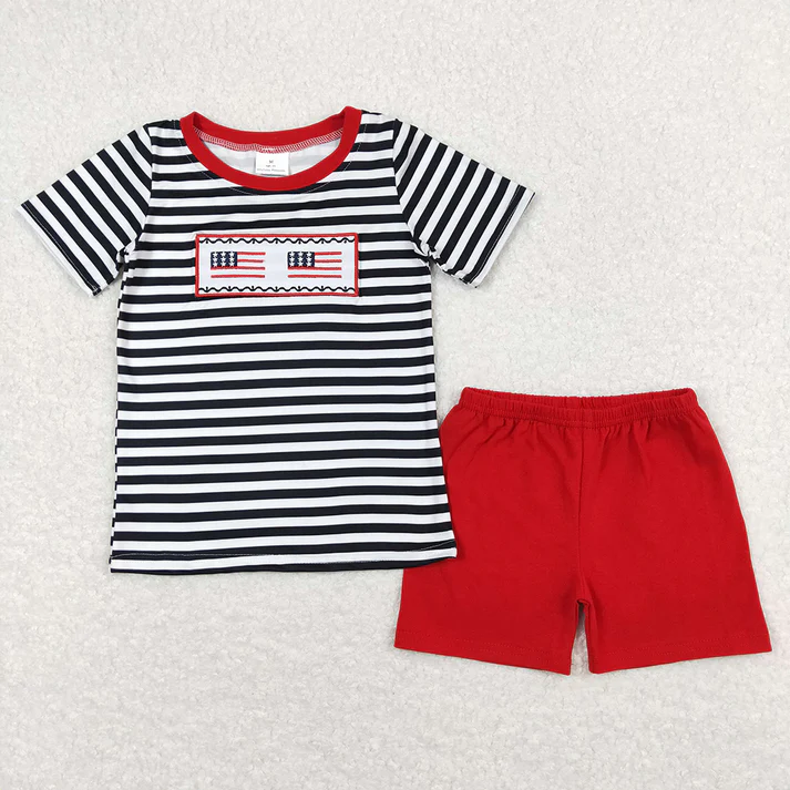 RTS NO MOQ baby boy Clothes 4th of july embroidery short sleeve shorts Sets
