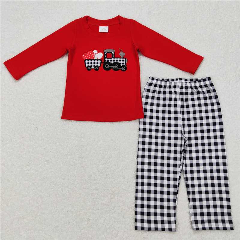 RTS NO MOQ（In Stock) Baby Boys Valentine embroidery love Pocket Top Pants Outfits Sets