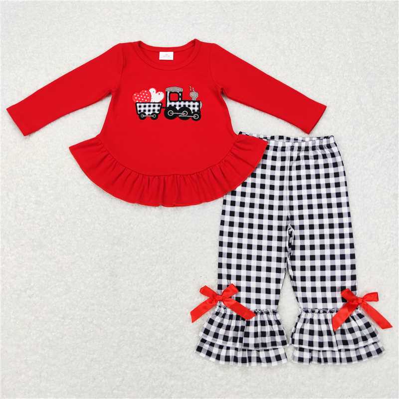 RTS NO MOQ（In Stock) GLP0908 Baby girl Toddler valentine embroidery love Shirts plaid Pants Clothes Sets