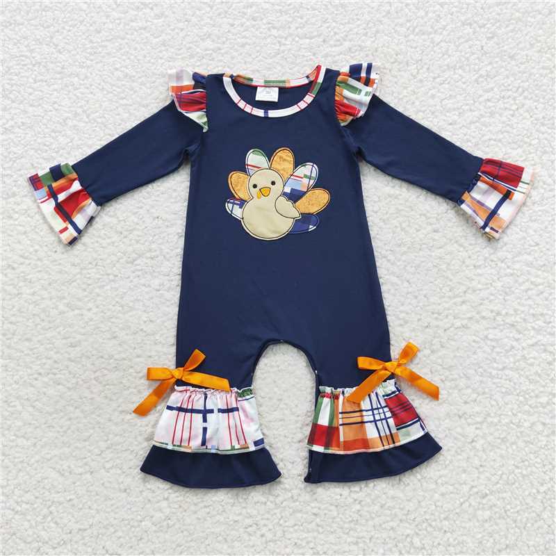 RTS NO MOQ（In Stock ) LR0366 Embroidered Turkey navy blue Long Sleeve Bodysuit