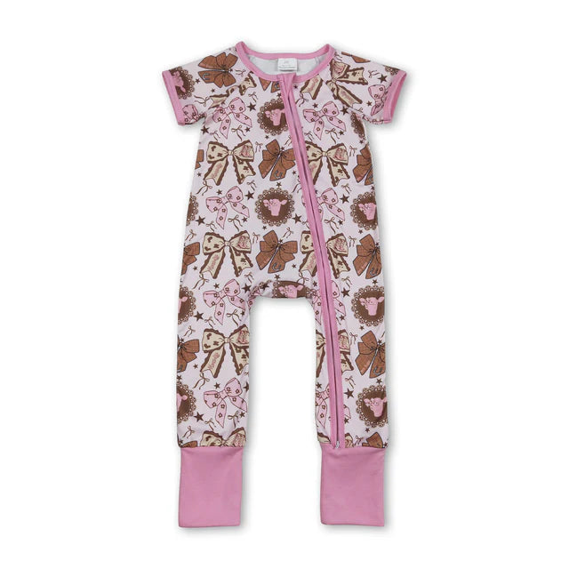 RTS NO MOQ Sibling Baby Girls Bows Highland Cows Ruffle Pants Western Pajamas Set Ruffle Dress Zipper Romper