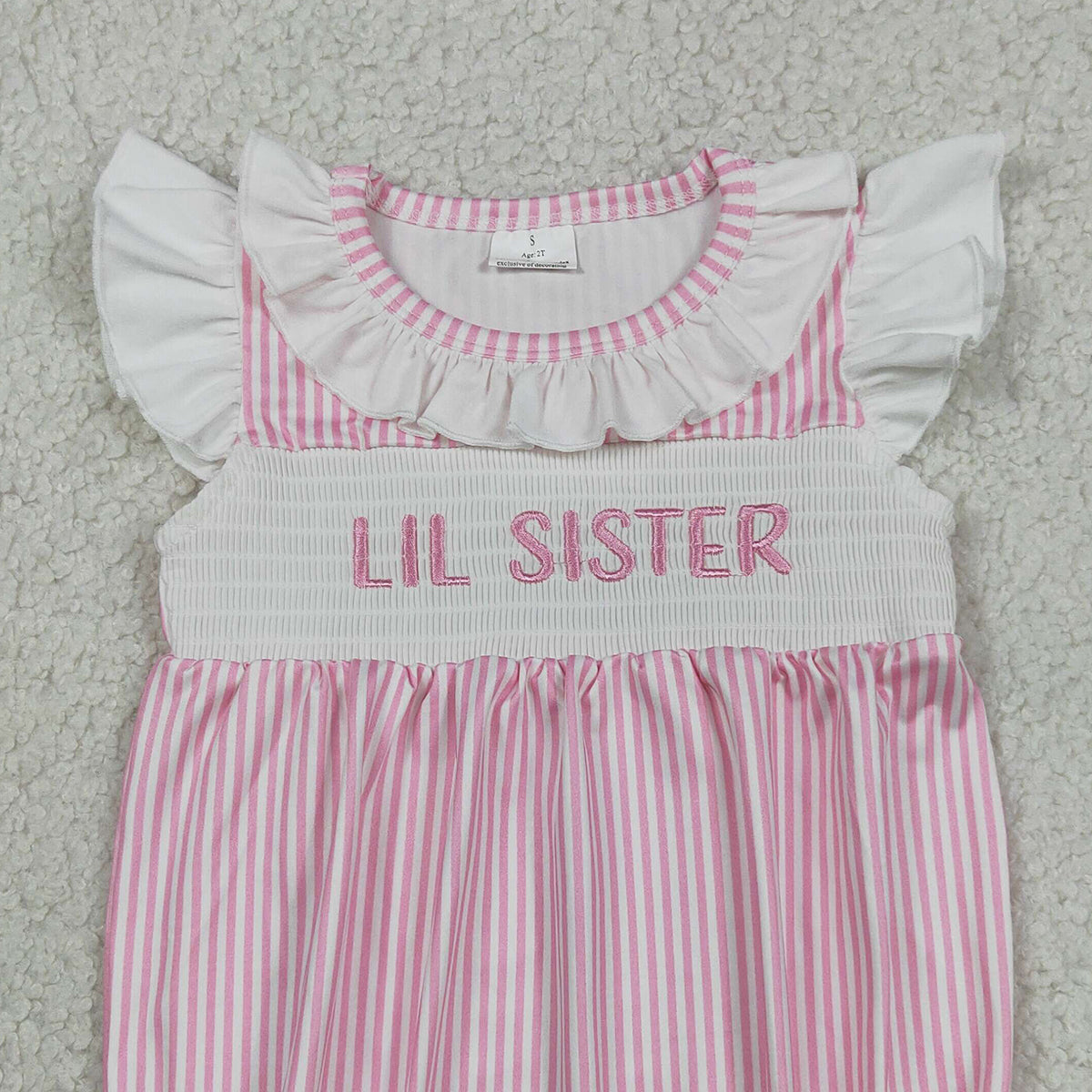 RTS NO MOQ SR3593 Smocked Little Sister Baby Girls Pink Stripe Collar Ruffle Rompers