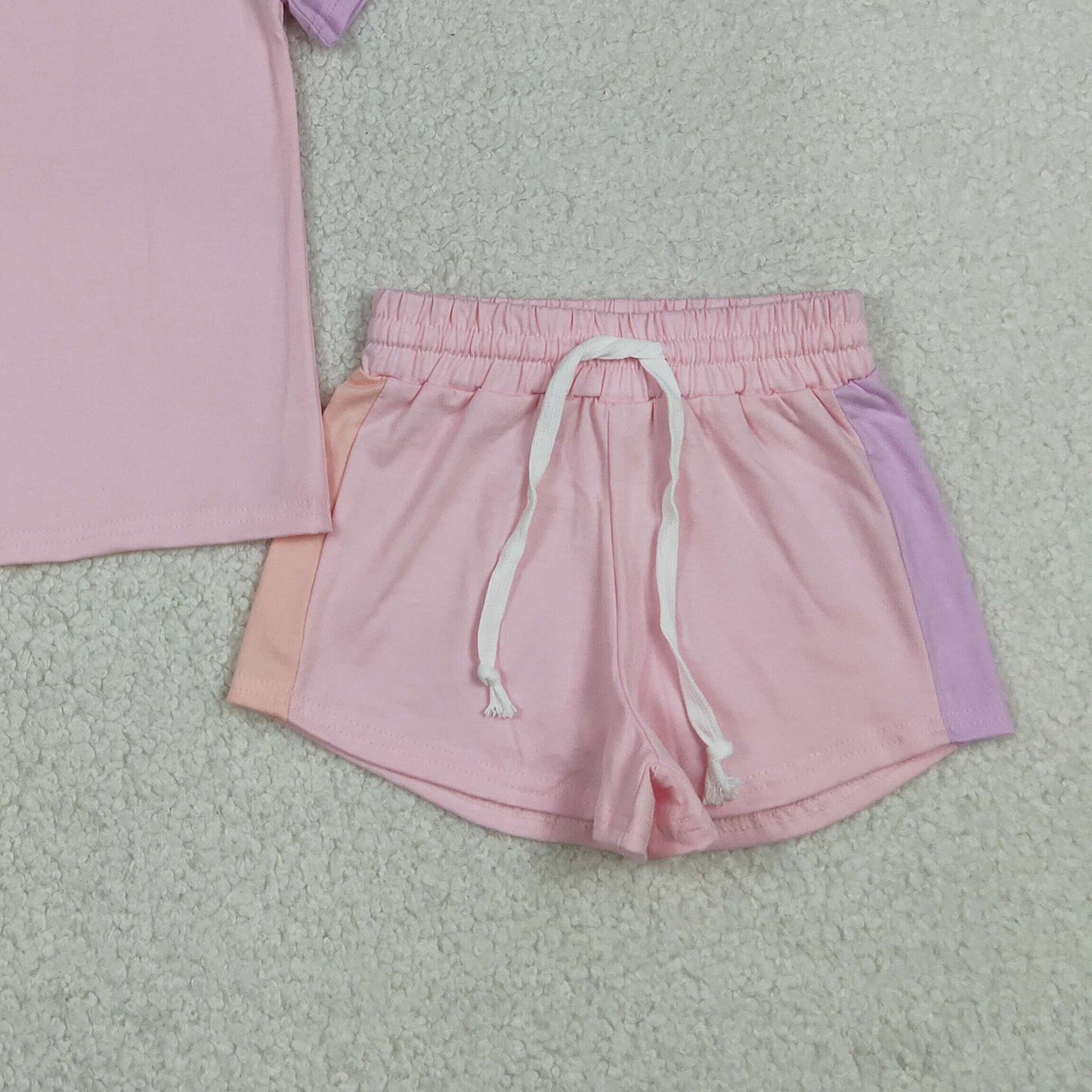RTS NO MOQ milk silk GSSO3638 Baby Girls Pink Lavender Patchwork Tops Loose Slouchy Short Clothes Sets